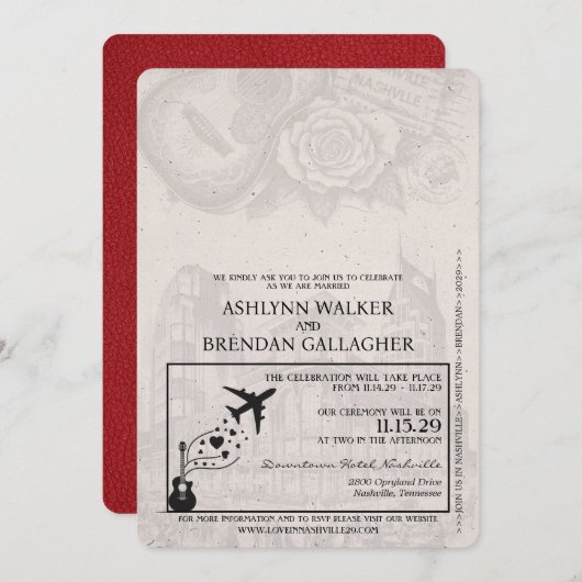 Red Nashville Passport Wedding Kaart (Voorkant / Achterkant)