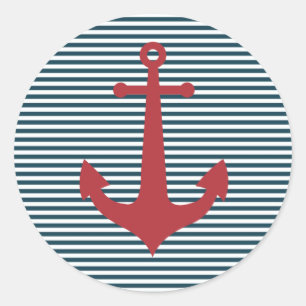 Red nautical anchor on striped blue background ronde sticker