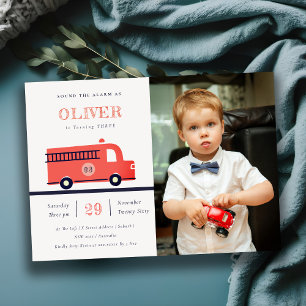 Red Navy Fire Truck Engine Photo Birthday Invite Bedankkaart