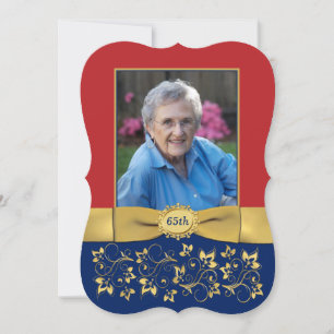 Red, Navy, Gold 65th Photo Anniversaire Invitation