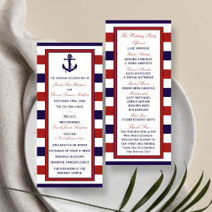 Red & Navy nautisch anker huwelijksprogramma Reclamekaart