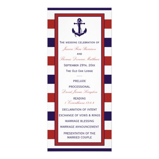 Red & Navy nautisch anker huwelijksprogramma Reclamekaart (Voorkant)