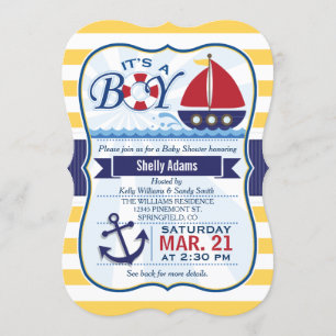 Red, Navy, & Yellow Nautical Sailboat Baby shower Kaart