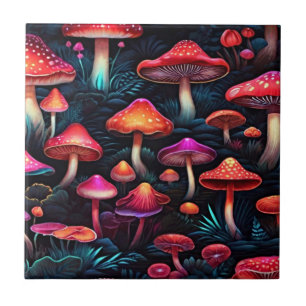 Red Neon Mushrooms - Exclusieve Retro Art Tegeltje