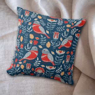 Red Nordic Bird op Blue Pattern Kussen