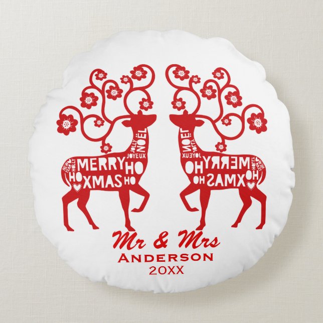 Red Nordic Reindeer Custom Couple Rond Kussen (Voorkant)
