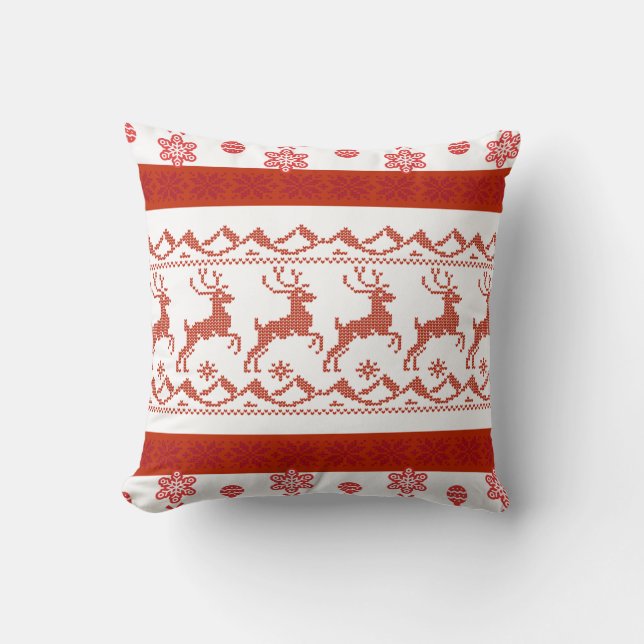 Red Nordic Reindeer Knit Pattern Christmas Pillow Kussen (Voorkant)