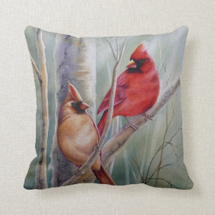 "Red Northern Kardinaal Bird Pair Waterverf Art Kussen