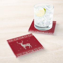 Red Norwegian Knit with Deer, Glass Coaster Glazen Onderzetter