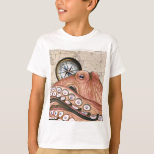 Red Octopus Compass Map beige T-shirt
