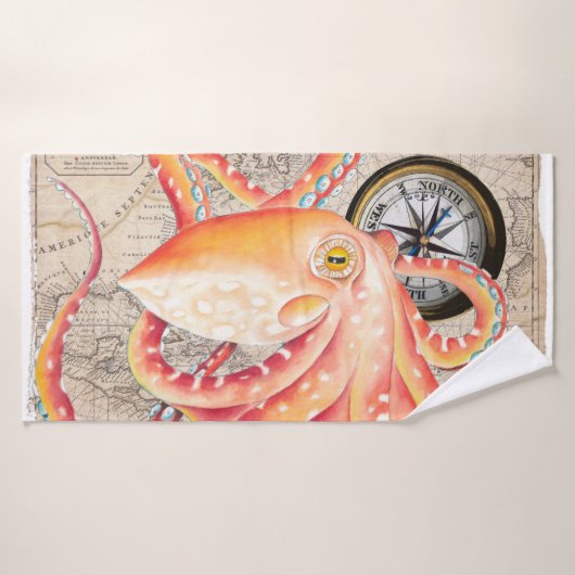 Red Octopus Map Comass Marine Bad Handdoek (Badhanddoek)