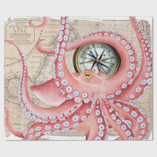 Red Octopus Map Compass Cadeaupapier (Vlak)