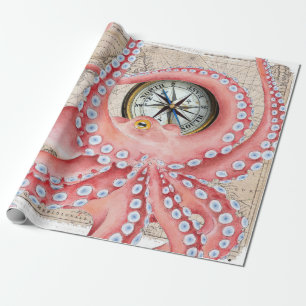Red Octopus Map Compass Cadeaupapier
