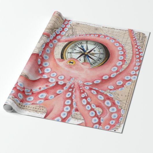 Red Octopus  Map Compass Cadeaupapier (Uitgerold)