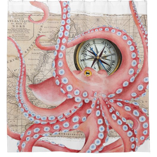 Red Octopus Map Compass Douchegordijn (Voorkant)