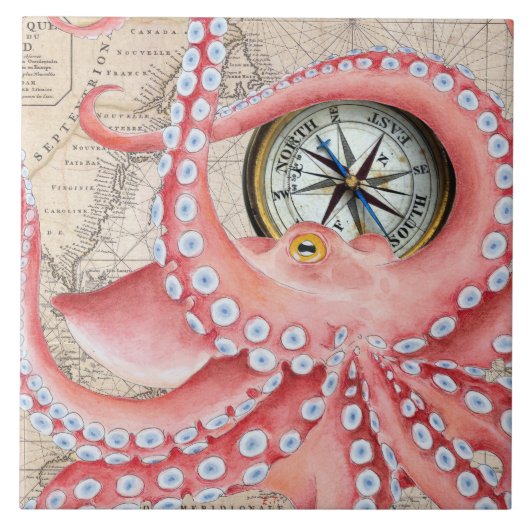 Red Octopus  Map Compass Tegeltje (Voorkant)
