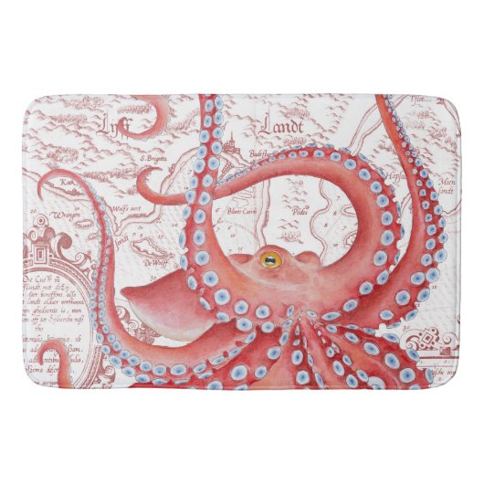Red Octopus  Map White Badmat (Voorkant)