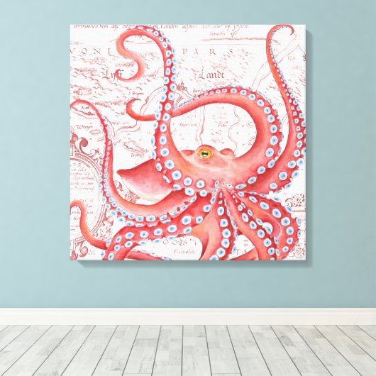 Red Octopus  Map White Canvas Afdruk (Insitu (Houten vloer))