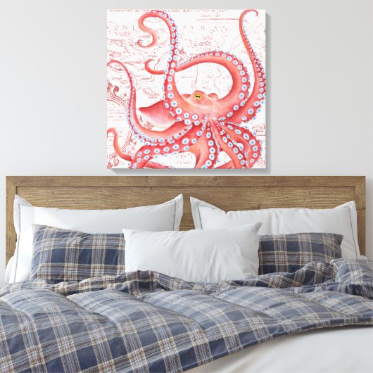 Red Octopus  Map White Canvas Afdruk (Insitu (Slaapkamer))