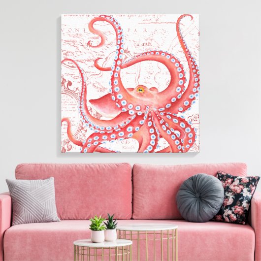 Red Octopus Map White Canvas Afdruk (Insitu (Woonkamer))