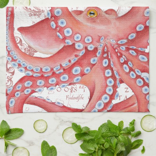 Red Octopus  Map White Theedoek (Gevouwen)