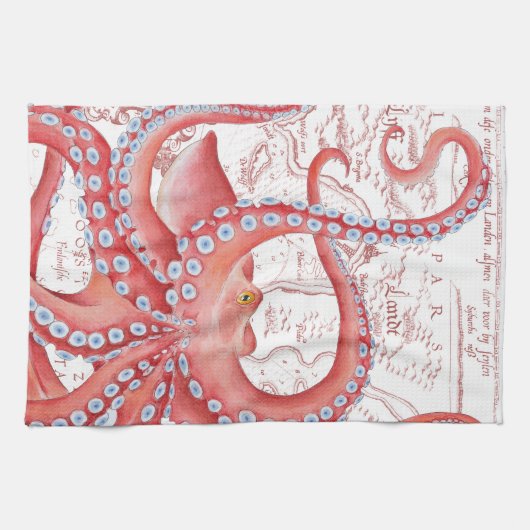 Red Octopus Map White Theedoek (Horizontaal)