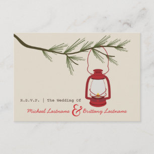 Red Oil Lantern Evergreen Camping Wedding R.S.V.P. RSVP Kaartje