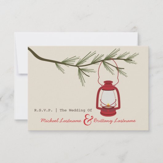 Red Oil Lantern Evergreen Camping Wedding R.S.V.P. RSVP Kaartje (Voorkant)