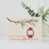 Red Oil Lantern Evergreen Camping Wedding R.S.V.P. RSVP Kaartje (Staand voorkant)