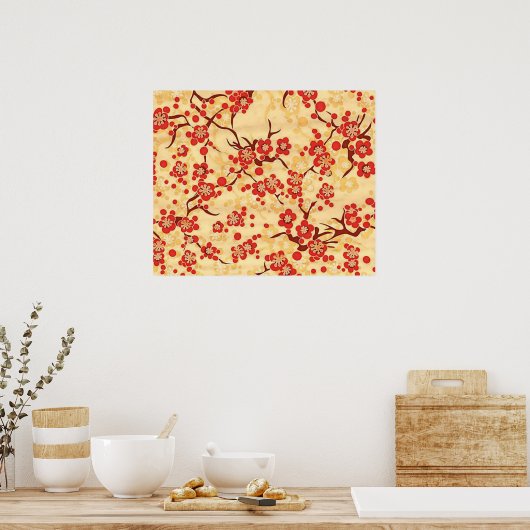 Red on Yellow Sakura Fine  Japans Floral Poster (Keuken)