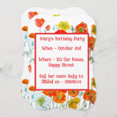Red Orange Poppies Floral Girl Birthday Invitation (Devant / Derrière)