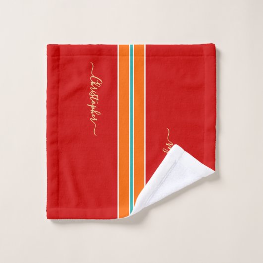 Red Orange Turquoise Racing Stripes Faux Gold Mono (Gant de toilette)