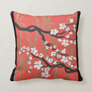 Red Oriental Cherry Blossom/Golden Bamboo Pillow Kussen