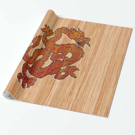 Red Oriental Dragon op Bamboo-stijl Cadeaupapier (Uitgerold)