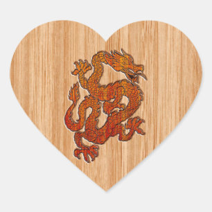 Red Oriental Dragon op Bamboo-stijl Hart Sticker