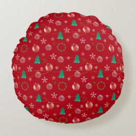 Red Ornaments & Watercolor Pines Christmas  Rond Kussen