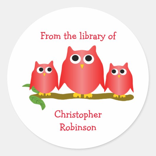 Red Owls Design Bookplate Ronde Sticker (Voorkant)