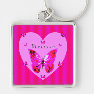 Red Paarse Butterflies Fancy Script Custom Name K Sleutelhanger