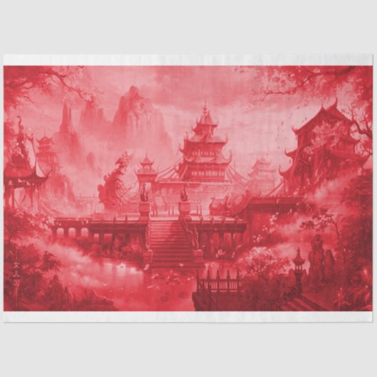 Red Pagoda Asian Decoupage Paper Tissuepapier (Voorkant)