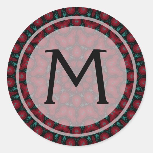 Red Paisley Kaleidoscope Monogram Sticker (Voorkant)
