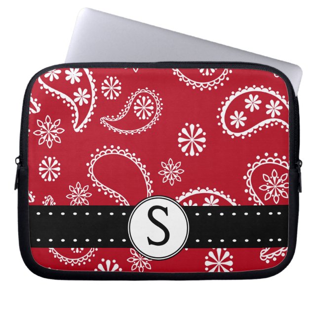  Red Paisley Pattern met Monogram Laptop Sleeve (Voorkant)