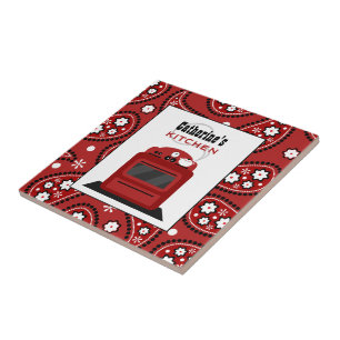 Red Paisley & Retro Stove Kitchen Tile Tegeltje