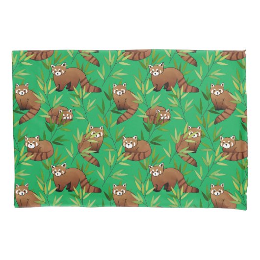 Red Panda & Bamboe Leaves Pattern Kussensloop (Voorkant-Links)