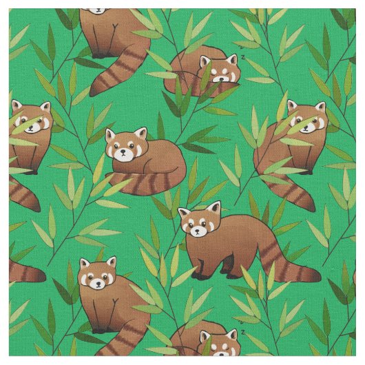 Red Panda & Bamboe Leaves Pattern Stof (Close Up)