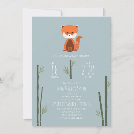 Red Panda Bamboo Blue Boy Baby shower Invitation (Devant)
