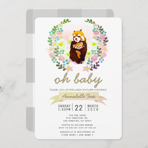 Red Panda Floral Wreath Baby shower Invitation Kaart