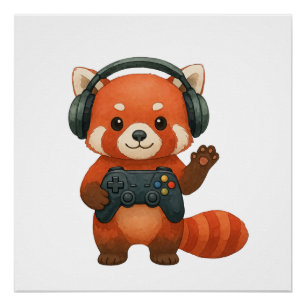 Red Panda Gamer, Gaming Controller & Hoofdtelefoon Perfect Poster