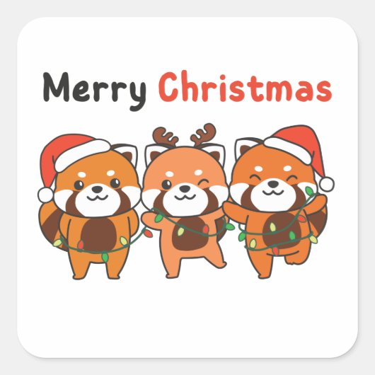 Red Panda-kerstrode Pandas Merry Kerstmis Vierkante Sticker (Voorkant)