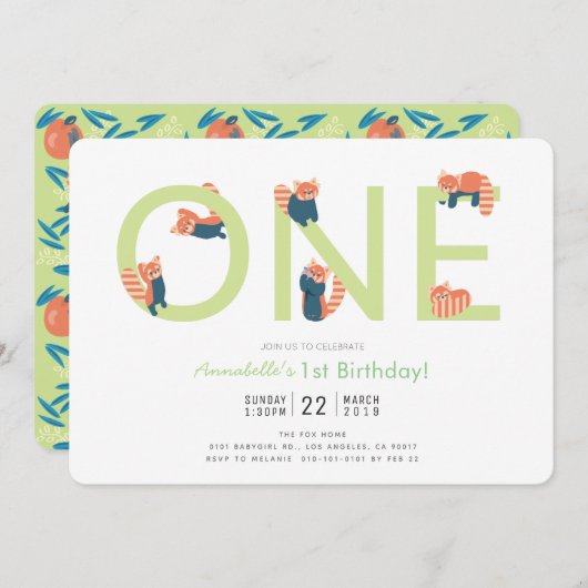 Red Panda Light Green 1er anniversaire Invitation (Devant / Derrière)