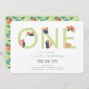 Red Panda Light Green 1st Birthday Invitation Kaart